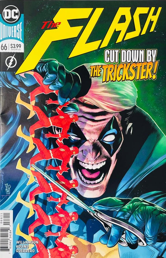 The Trickster laughing maniacally while using large scissors to cut through a paper-doll chain of Flash speedsters on the cover of The Flash 66 for DC Comics.