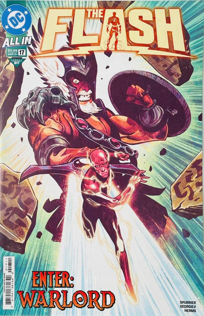 The Flash Wally West racing forward as Travis Morgan The Warlord looms with sword and shield on the cover of The Flash 17 by Mike Del Mundo for DC Comics.