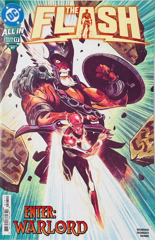 The Flash Wally West racing forward as Travis Morgan The Warlord looms with sword and shield on the cover of The Flash 17 by Mike Del Mundo for DC Comics.