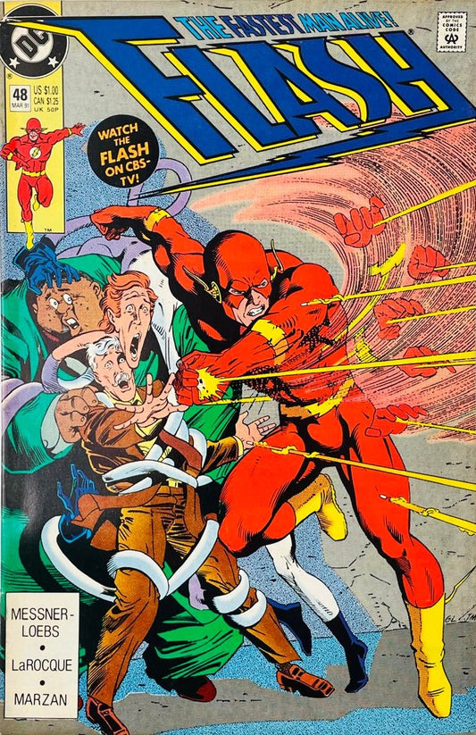 Wally West as The Flash throwing multiple rapid-fire punches to battle Chunk on the cover of The Flash 48 by Greg LaRocque for DC Comics.