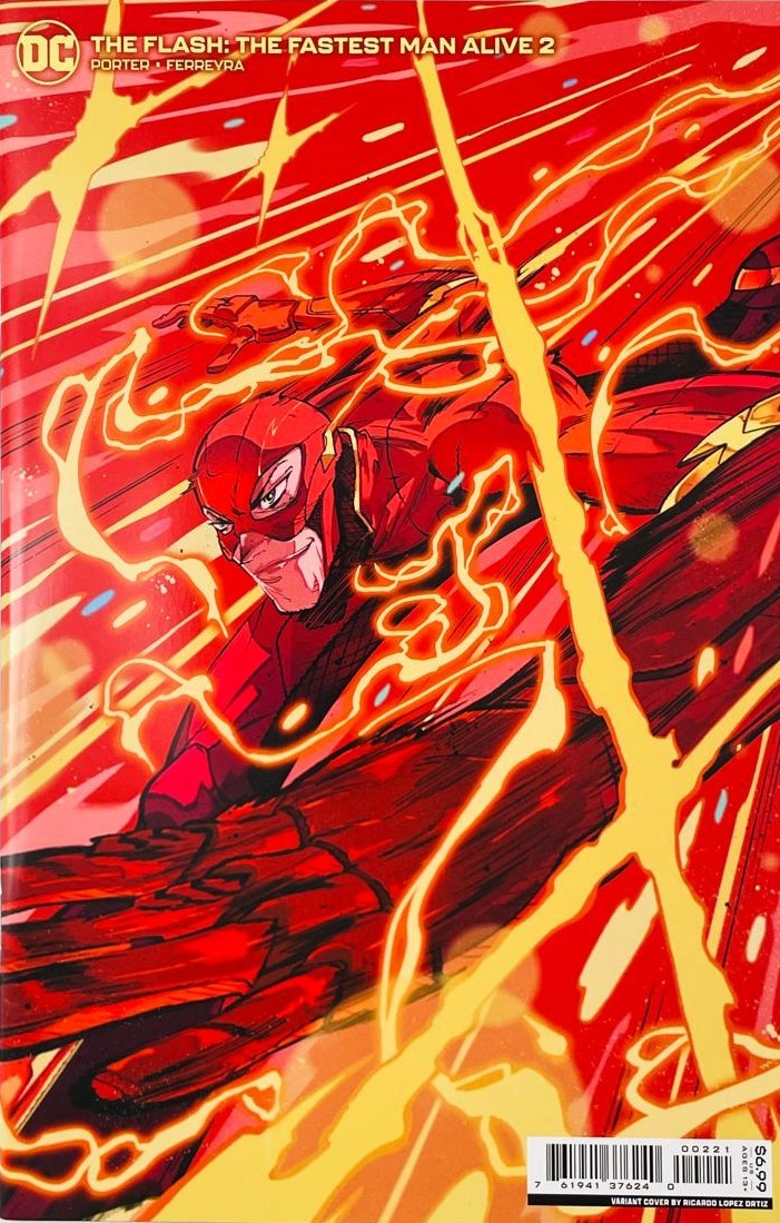 The Flash Barry Allen running forward surrounded by crackling golden Speed Force lightning on the variant cover of The Flash The Fastest Man Alive 2 by Ricardo López Ortiz for DC Comics.