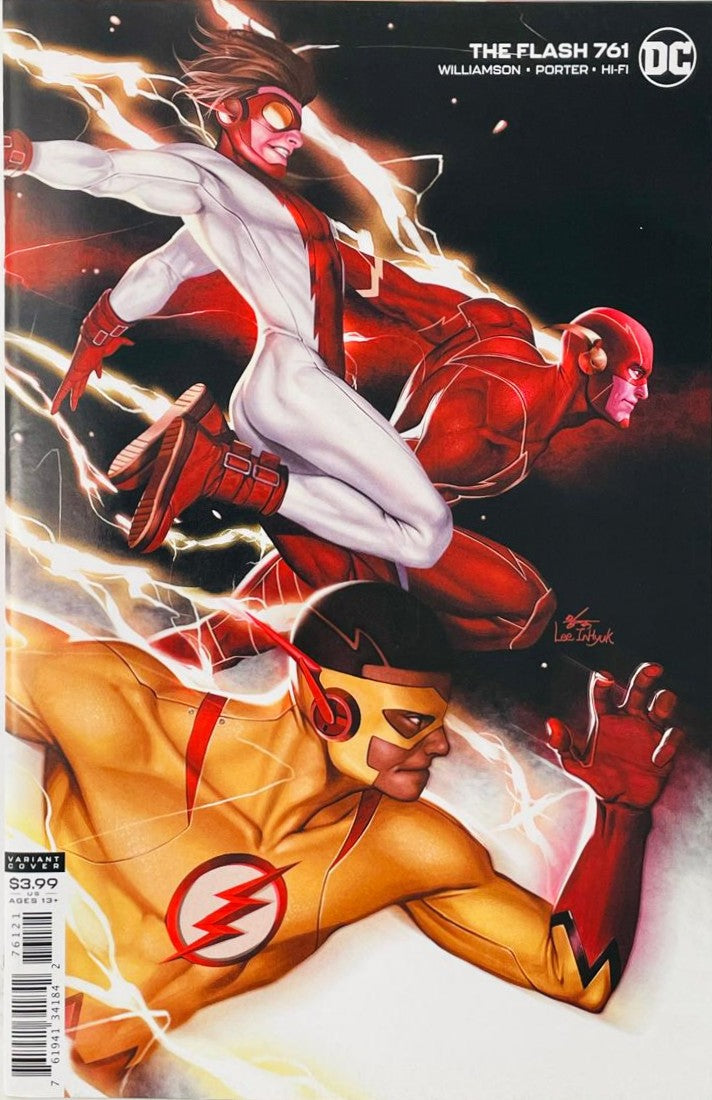 Barry Allen as The Flash racing alongside Impulse Bart Allen and Kid Flash Wallace West on the variant cover of The Flash 761 by InHyuk Lee for DC Comics.