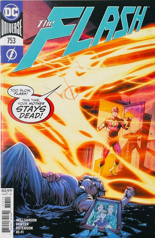 Barry Allen as The Flash looking in horror at Nora Allen on the floor with a broken family photo as Reverse Flash lightning streaks past on the cover of The Flash 753 by Howard Porter for DC Comics.
