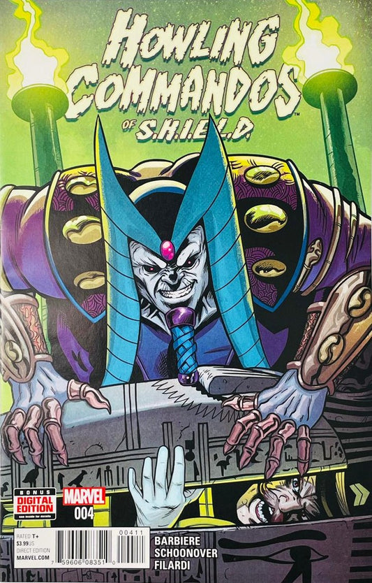 Ancient villain Sphinx looming over a stone sarcophagus with glowing green background on the cover of Howling Commandos of S.H.I.E.L.D. 4 by Brent Schoonover for Marvel Comics.