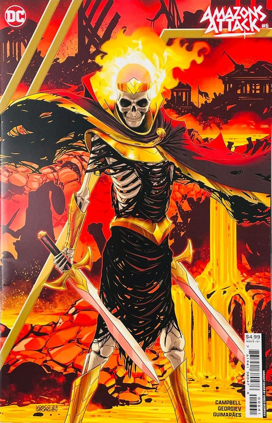 A skeletal Amazon warrior with a flaming skull crown holding dual golden swords on the variant cover of Amazons Attack 6 by Vasco Georgiev for DC Comics.