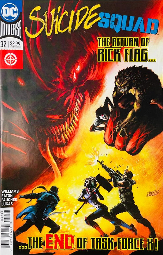 Harley Quinn and Rick Flag firing weapons at a giant glowing red monster on the cover of Suicide Squad 32 by Eddy Barrows for DC Comics.
