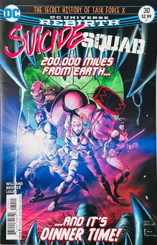 Harley Quinn, Captain Boomerang, Katana, and Killer Croc trapped inside a alien monster mouth on the cover of Suicide Squad 30 for DC Comics.