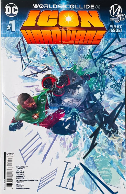 Icon and Hardware grappling in mid-air breaking through time-shattering clock face glass on the cover of Icon vs Hardware 1 by Rahzzah for DC Comics and Milestone.