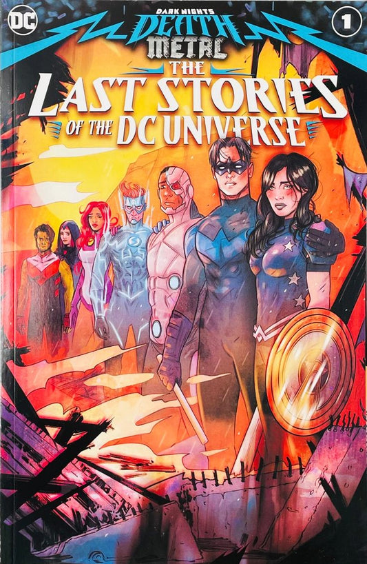 Nightwing with his arm around Donna Troy standing beside Cyborg, Wally West, Starfire, and Raven on the cover of Dark Nights Death Metal The Last Stories of the DC Universe 1 by Travis Moore for DC Comics.