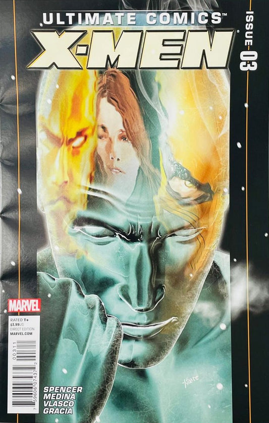 Metallic steel face of Colossus reflecting Jean Grey, Iceman, and Human Torch on the cover of Ultimate Comics X-Men 3 by Kaare Andrews for Marvel Comics.
