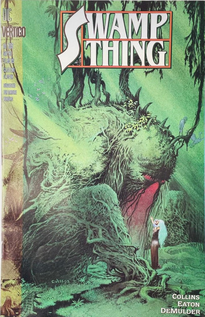 Colossal mossy Swamp Thing leaning down toward a magical long-haired woman in a misty green forest on the cover of Swamp Thing 135 by Charles Vess for DC Vertigo.