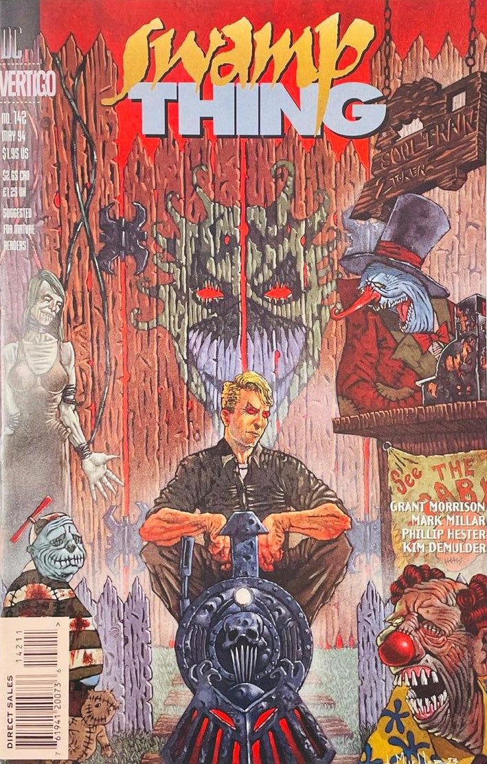 Alec Holland seated behind a demonic train engine surrounded by eerie carnival sideshow figures on the cover of Swamp Thing 142 by John Totleben for DC Vertigo.
