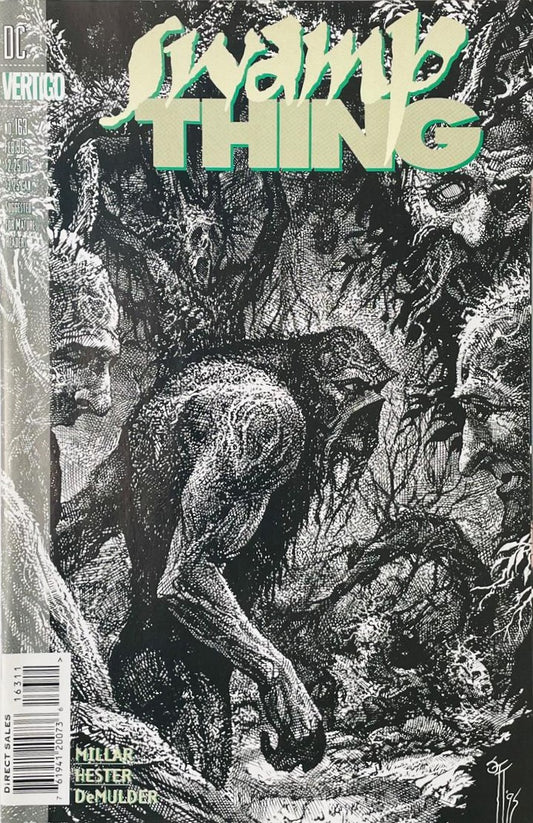 Swamp Thing walking through a dense forest with ancient faces carved into surrounding trees on the cover of Swamp Thing 163 by Phil Hester for DC Vertigo.