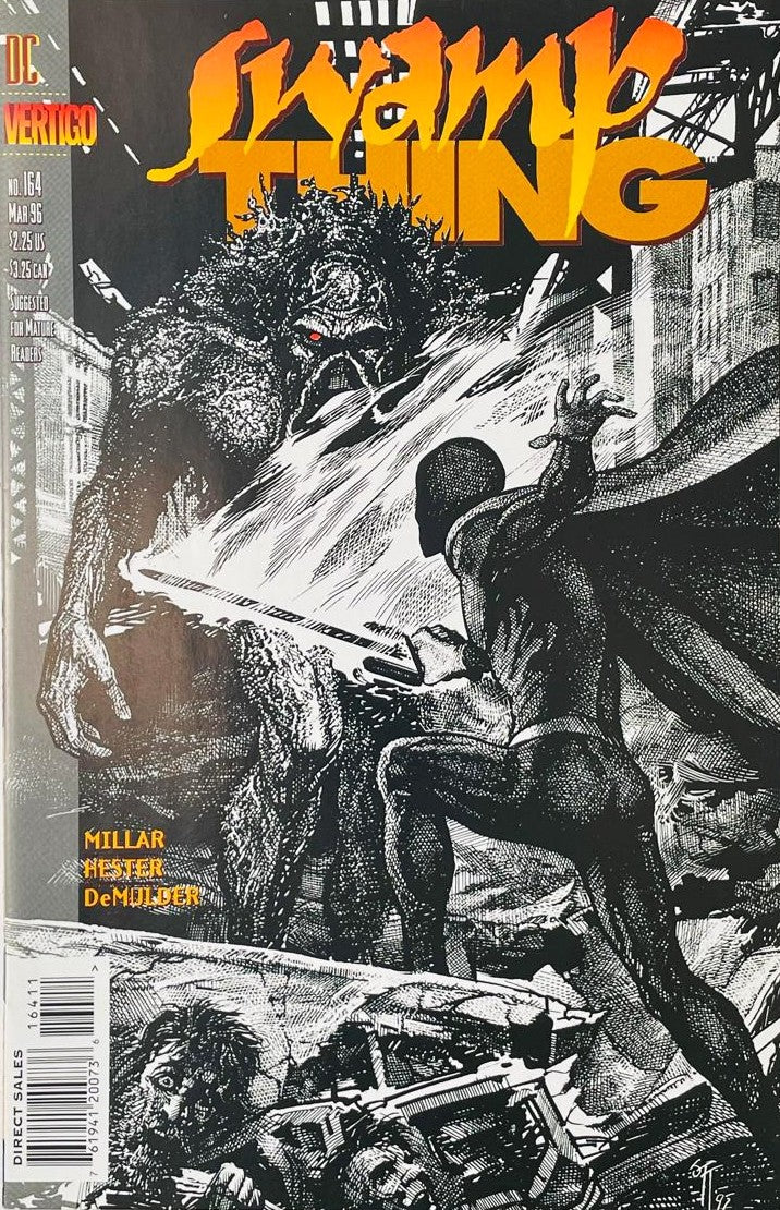 A giant Swamp Thing with glowing red eyes facing a caped figure with a sword amidst ruined buildings on the cover of Swamp Thing 164 by Phil Hester for DC Vertigo.