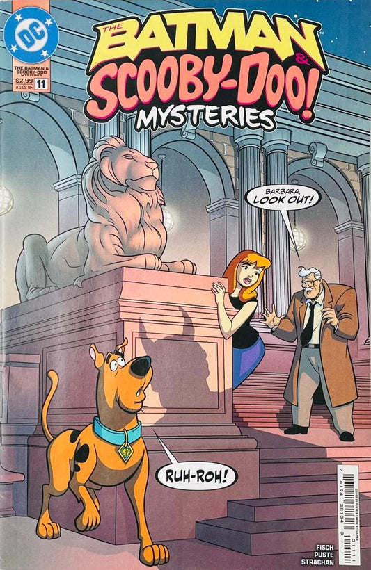Scooby-Doo saying Ruh-Roh while Commissioner Jim Gordon shouts to Barbara Gordon outside a library with a ominous shadow cast over a lion statue on the cover of The Batman and Scooby-Doo Mysteries 11 for DC Comics.