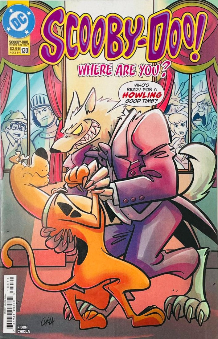 A suave werewolf in a tuxedo dipping Scooby-Doo in a tango dance while Mystery Inc. watches through the window on the cover of Scooby-Doo Where Are You 130 by Valerio Chiola for DC Comics.