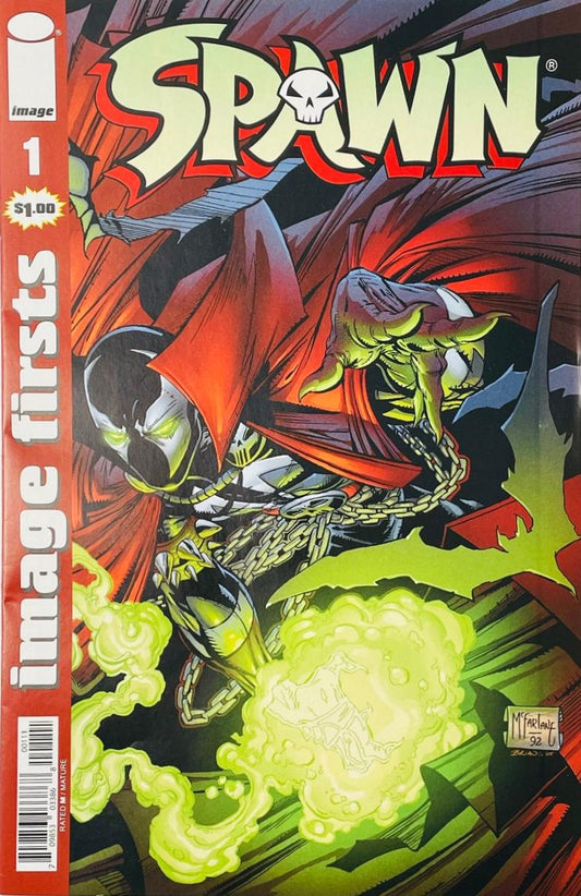 Spawn reaching out with glowing green necroplasm under a red cape on the cover of Image Firsts Spawn 1 by Todd McFarlane for Image Comics.