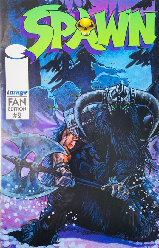 Medieval Spawn in horned helmet and fur armor wielding a battle axe in a snowstorm with wolves on the cover of Spawn Fan Edition 2 by Stephen Platt for Image Comics.