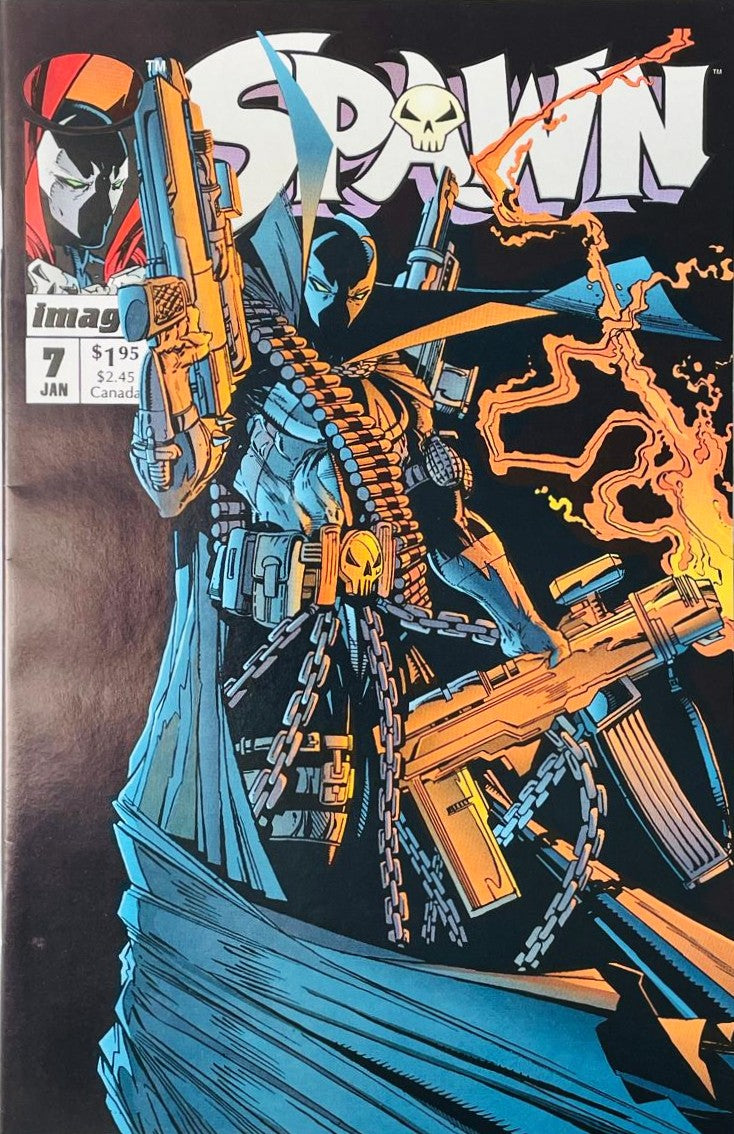 Spawn heavily armed with giant guns, bullet belts, and ammo pouches on the cover of Spawn 7 by Todd McFarlane for Image Comics.