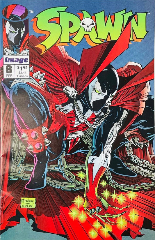 Spawn crouching in a 3-point superhero landing pose wrapped in chains and crimson cape on the cover of Spawn 8 by Todd McFarlane for Image Comics.
