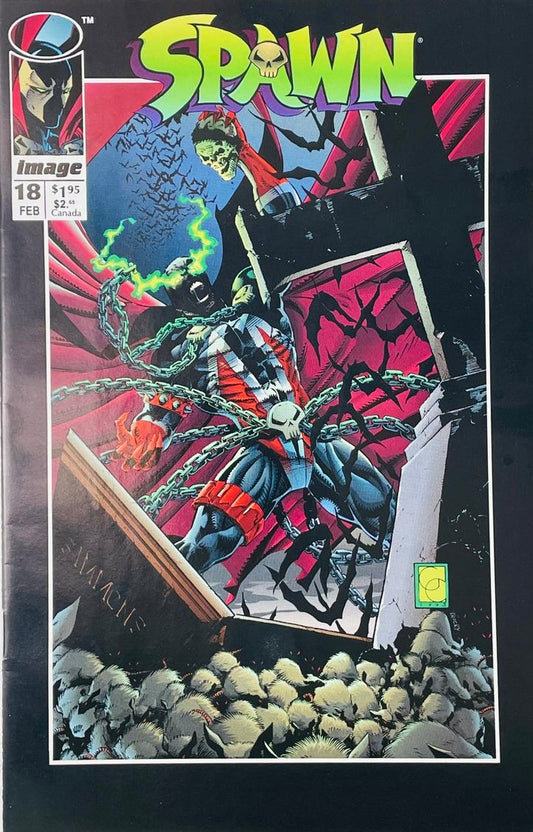 Spawn bound in heavy chains to a falling stone cross in a graveyard surrounded by rats and bats on the cover of Spawn 18 by Greg Capullo for Image Comics.