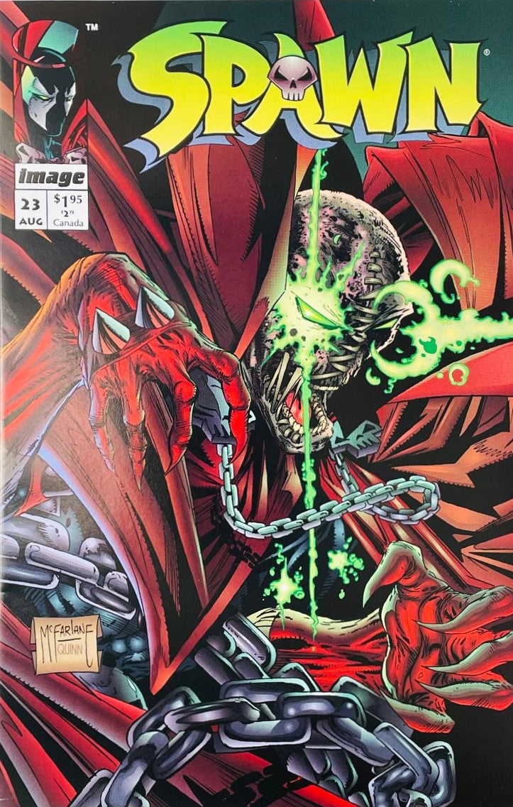 Unmasked Spawn with a stitched shoelace face and glowing green eye reaching forward on the cover of Spawn 23 by Todd McFarlane for Image Comics.
