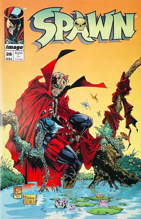 Unmasked Spawn with a scarred face crouching on a tree branch above a swamp with butterflies on the cover of Spawn 26 by Greg Capullo for Image Comics.
