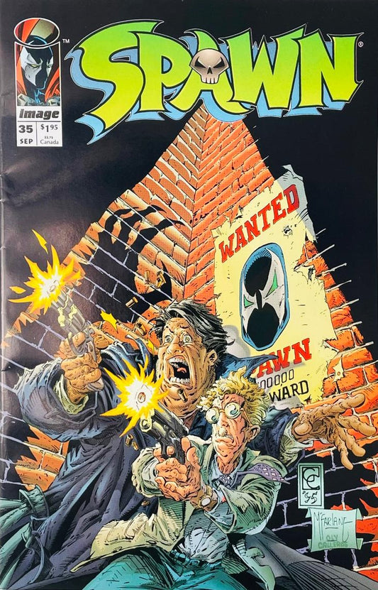 Detectives Sam Burke and Twitch Williams firing guns in front of a Wanted Spawn poster on the cover of Spawn 35 by Greg Capullo for Image Comics.