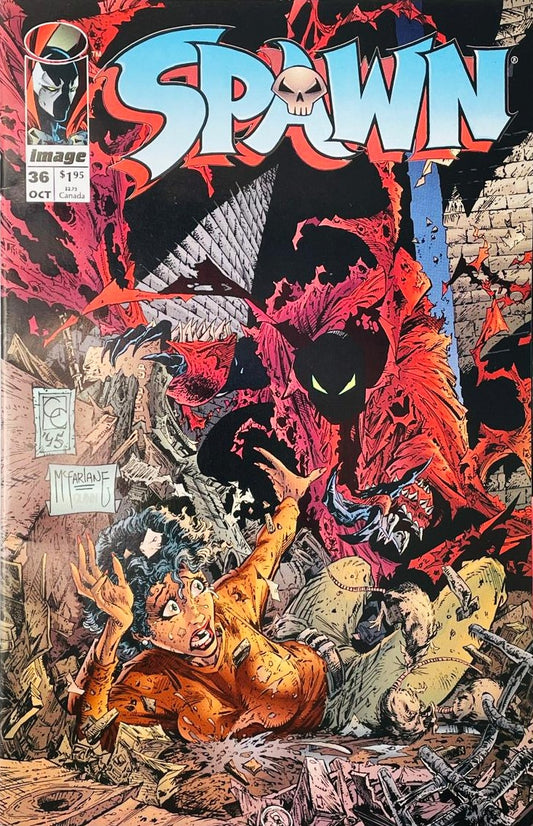 A terrified woman surrounded by alley rubble and rats while Spawn looms in shadows overhead on the cover of Spawn 36 by Greg Capullo for Image Comics.