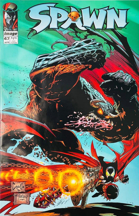 Spawn firing a heavy weapon with glowing muzzle flashes while dodging a giant horned demon on the cover of Spawn 47 by Greg Capullo for Image Comics.
