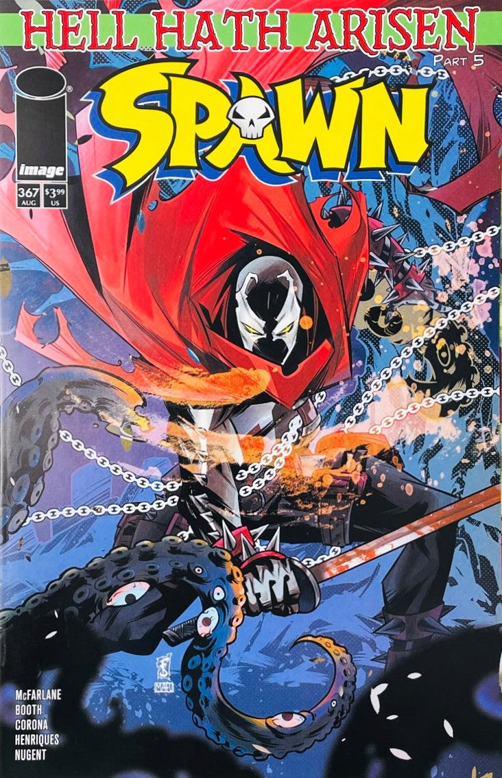 Spawn crouched in a dynamic battle stance with a billowing red cape and chains amidst dark tentacles on the cover of Spawn 356 for Image Comics.