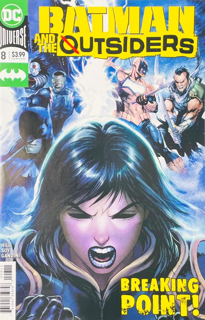Sofia Ramos screaming with energy bursting around her alongside Batman and the Outsiders on the cover of Batman and the Outsiders 8 by Dexter Soy for DC Comics.