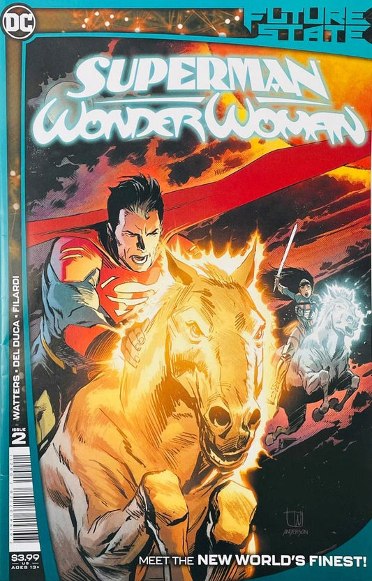 Jonathan Kent Superman and Yara Flor Wonder Woman riding glowing horses into battle on the cover of Future State Superman Wonder Woman 2 by Lee Weeks for DC Comics.