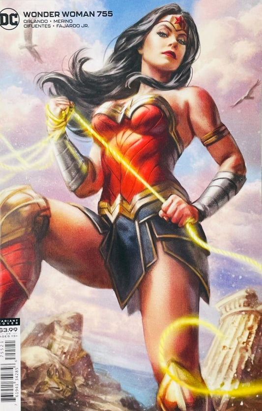Wonder Woman holding her glowing Lasso of Truth on a cliff overlooking the ocean on the cover of Wonder Woman 755 Artgerm variant for DC Comics.