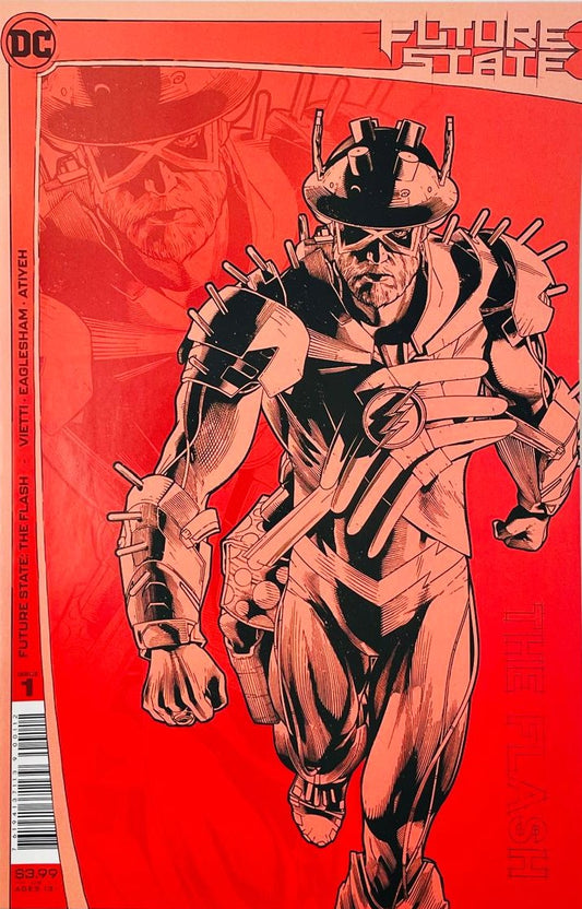 An older Jay Garrick in post-apocalyptic high-tech armor running forward on the red cover of Future State The Flash 1 by Brandon Peterson for DC Comics.
