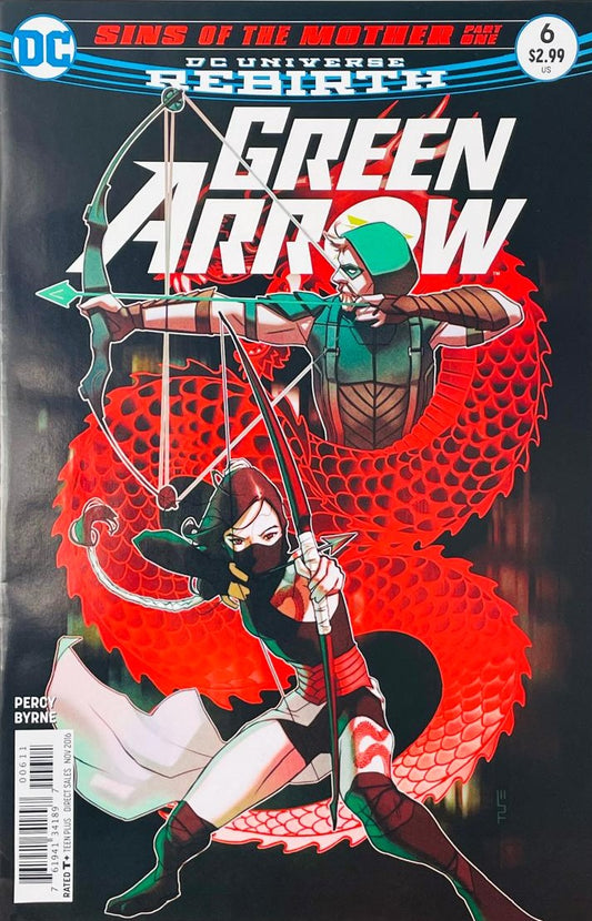 Green Arrow and Emiko Queen drawing their bows against a red coiled dragon design on the cover of Green Arrow 6 for DC Comics Rebirth.