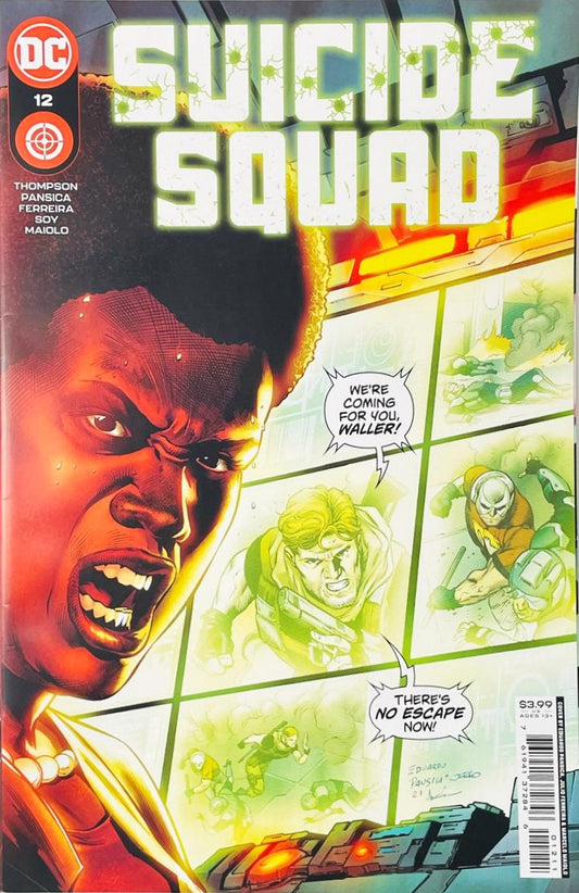 An enraged Amanda Waller watching Rick Flag and Task Force X storm her facility on security monitors on the cover of Suicide Squad 12 for DC Comics.