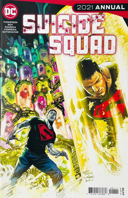 Match the Superboy clone looking shocked in front of dozens of cloning pods containing copies of himself on the cover of Suicide Squad 2021 Annual 1 for DC Comics.