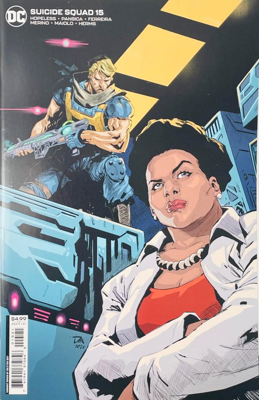 Amanda Waller with folded arms standing before Rick Flag holding a tactical rifle on the variant cover of Suicide Squad 15 by Dexter Soy for DC Comics.