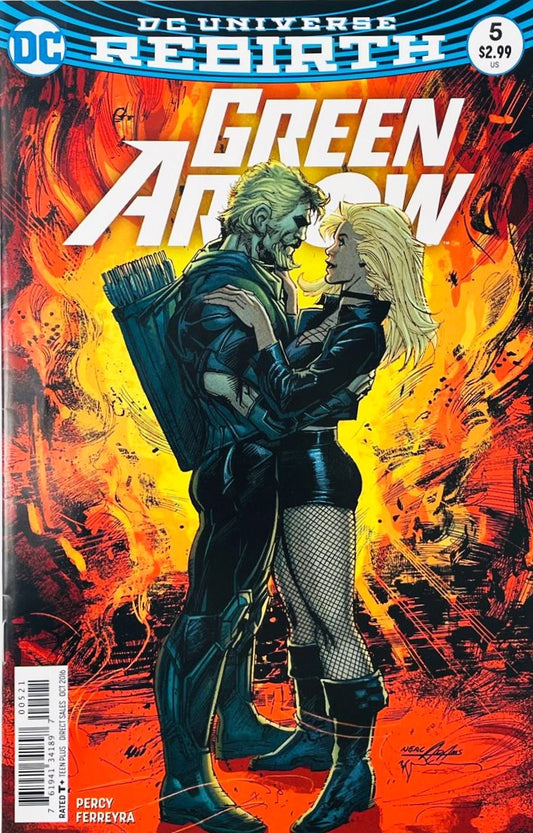 Green Arrow and Black Canary embracing tightly amidst bright fiery flames on the cover of Green Arrow 5 by Neal Adams for DC Comics Rebirth.