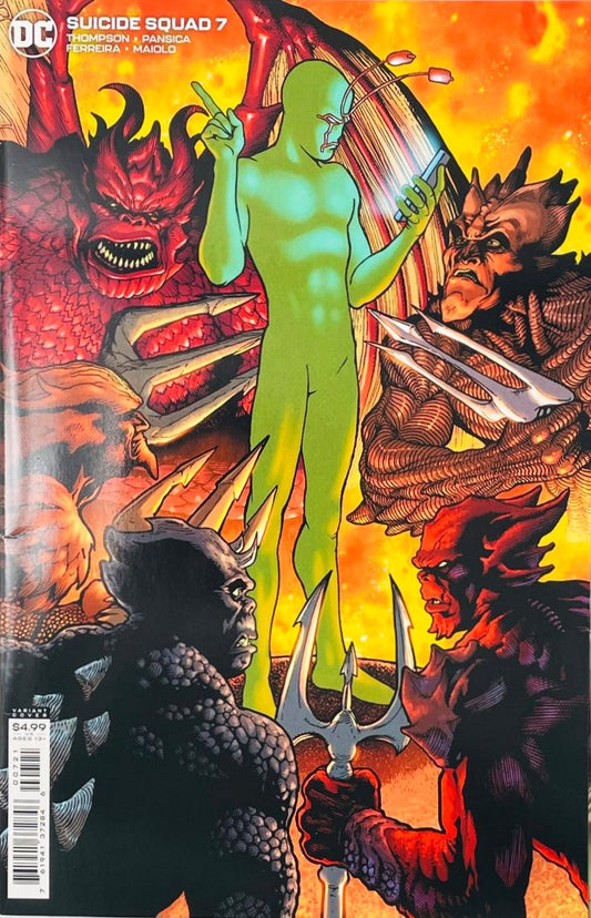 Ambush Bug checking his smartphone while casually holding up a finger to ignore angry demons surrounding him on the variant cover of Suicide Squad 7 by Kevin Maguire for DC Comics.