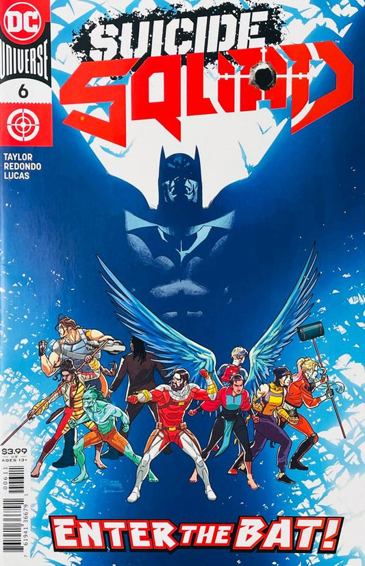 Batman silhouetted under a full moon looming large over Deadshot, Harley Quinn, and the Suicide Squad on the cover of Suicide Squad 6 by Bruno Redondo for DC Comics.
