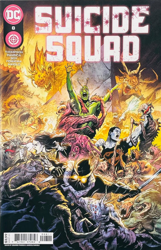 Talon, Match, Nocturna, and Ambush Bug battling a horde of demonic monsters on the cover of Suicide Squad 8 for DC Comics.