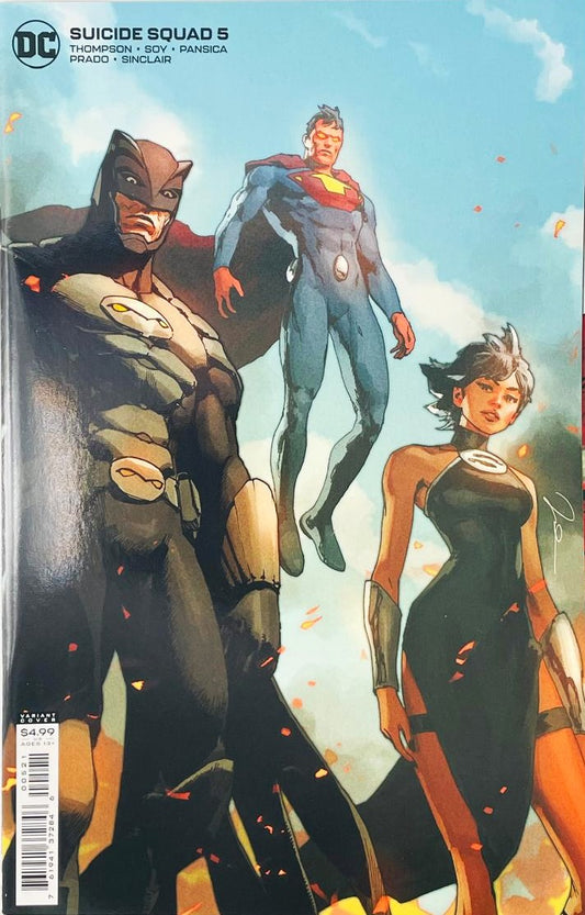 Earth-3 Crime Syndicate members Owlman, Ultraman with glowing eyes, and Superwoman standing against a cloudy sky on the variant cover of Suicide Squad 5 by Gerald Parel for DC Comics.