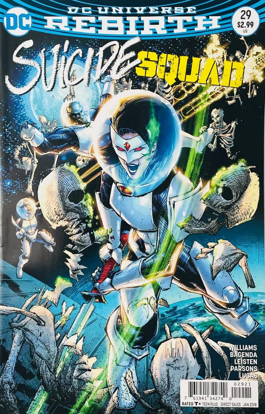 Katana in a high-tech spacesuit wielding her sword alongside space-armored Suicide Squad members against alien skeletons on the cover of Suicide Squad 29 for DC Comics.