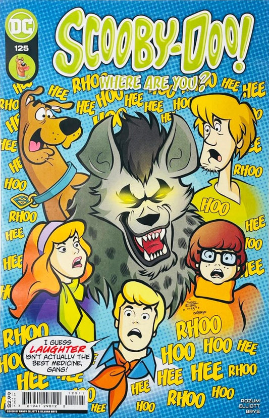 Scooby-Doo and the Mystery Inc gang looking frightened around a giant laughing Were-Hyena on the cover of Scooby-Doo Where Are You 125 for DC Comics.