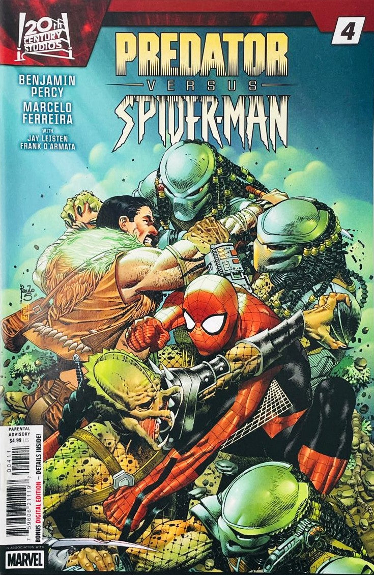 Spider-Man and Kraven the Hunter fighting off a clan of Predators in the jungle on the cover of Predator vs Spider-Man 4 by Paulo Siqueira for Marvel Comics.