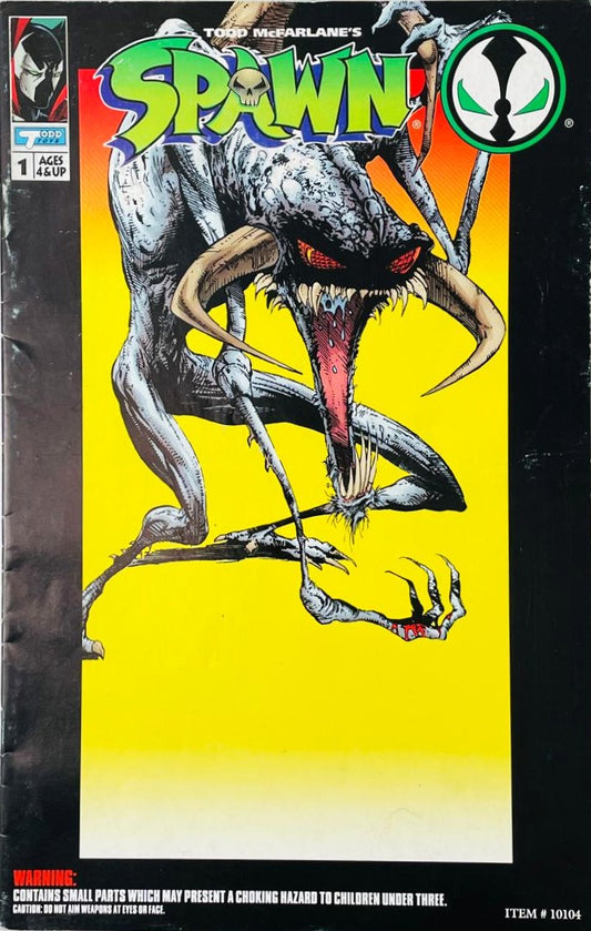 The Violator demon in his true horned form with glowing red eyes on the cover of Spawn Mini-Comic 1 for Todd Toys and Image Comics by Todd McFarlane.