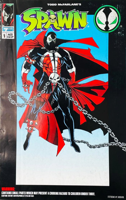 Classic Spawn with a flowing red cape and swirling chains on the cover of Spawn Mini-Comic 1 for Todd Toys and Image Comics by Todd McFarlane.