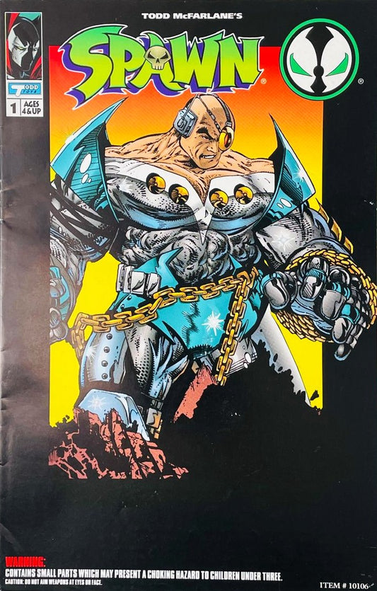 Overtkill in cybernetic armor with gold chains on the cover of Spawn Mini-Comic 1 for Todd Toys and Image Comics by Todd McFarlane.
